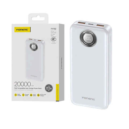 Foneng Power Bank PX102 with 3 Ports Output 2USB+Type-C 20000mAh White